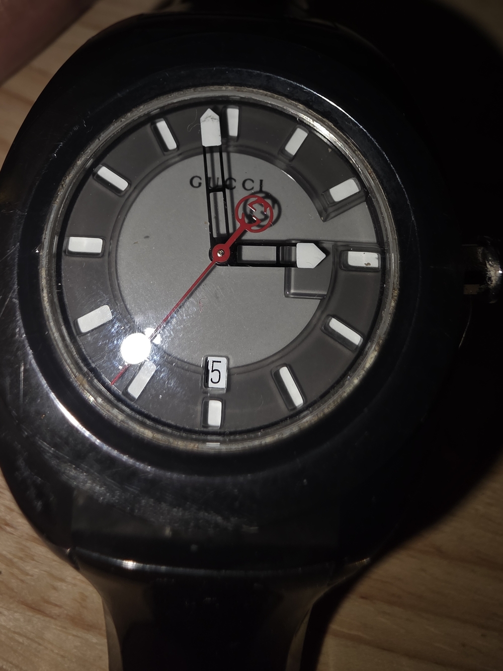 Gucci Black and Gray Watch with Red Second Hand and White Markers